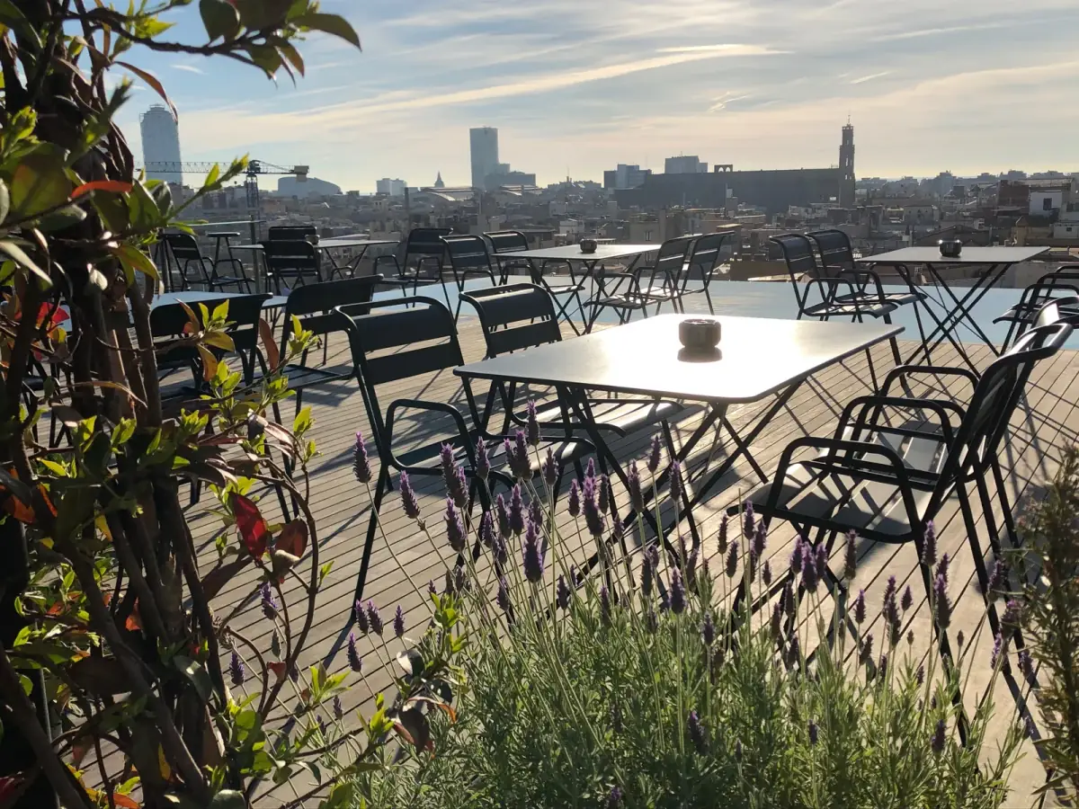 Sonniger Morgen auf einer Dachterrasse mit Blick auf die Skyline, leere Tische und Stühle, Pflanzen im Vordergrund
