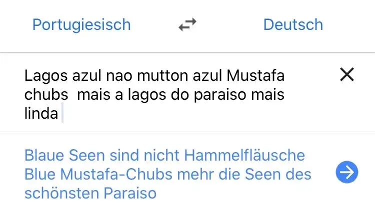 Portugiesisch-Deutsch-Übersetzung von Seen in Lagos und Mustafa-Clubs auf einer Übersetzungsapp-Oberfläche
