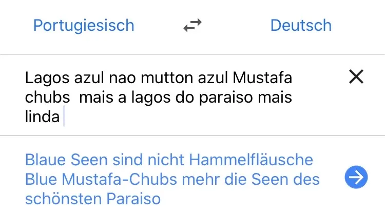 Portugiesisch-Deutsch-Übersetzung von Seen in Lagos und Mustafa-Clubs auf einer Übersetzungsapp-Oberfläche
