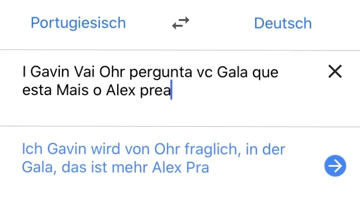 Übersetzungsschnittstelle zwischen Portugiesisch und Deutsch mit Beispielsatz zur Gala und Alex Pra