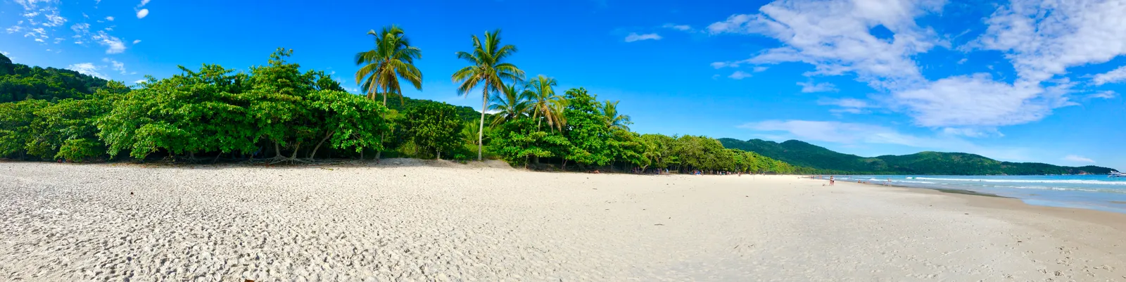 Blütenweiß glänzender Feinsandstrand mit üppiger grüner Vegetation und Palmen unter strahlendem Sonnenlicht und blauem Himmel