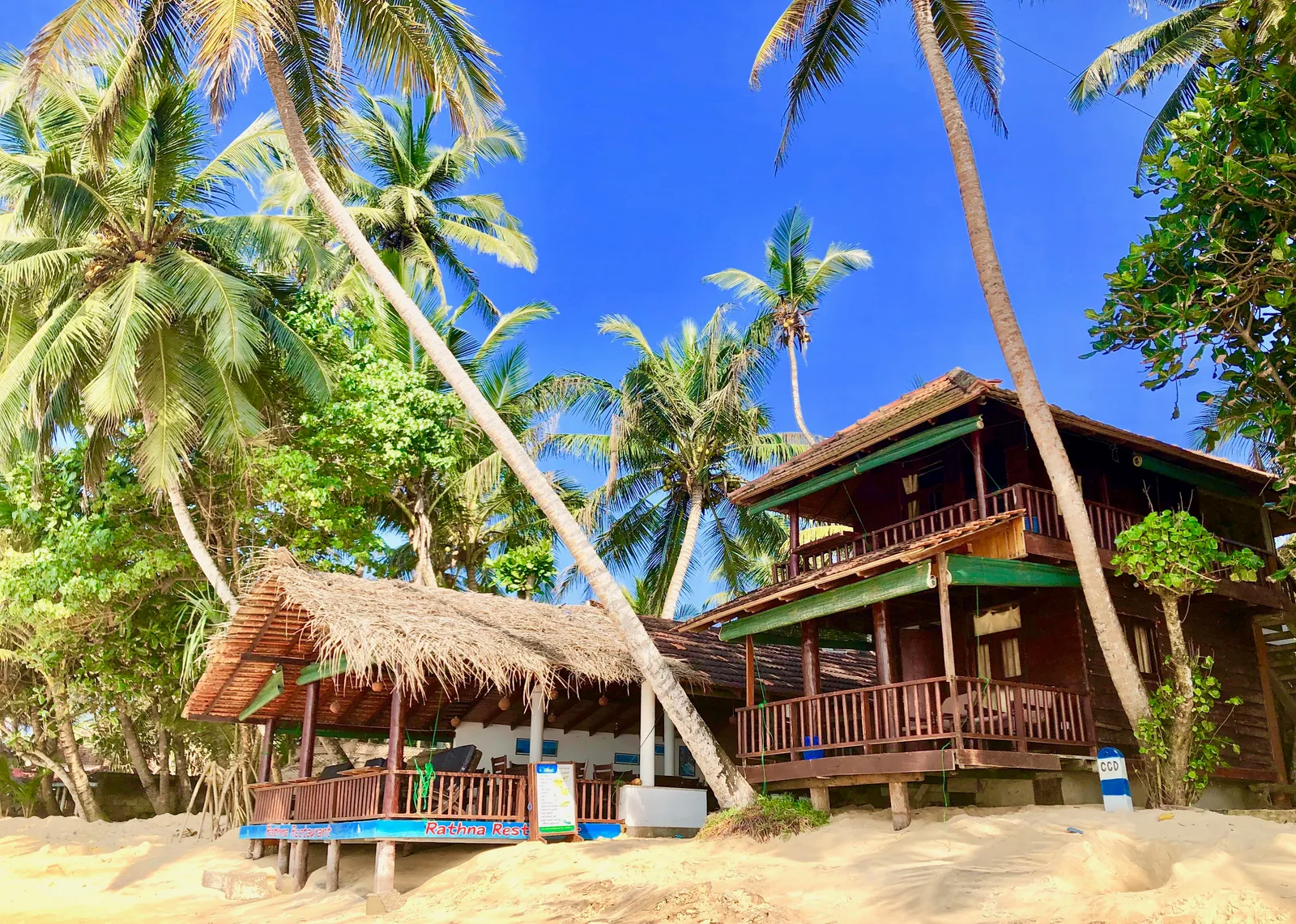 Holzbungalows mit Stelzenfundamenten unter Palmen am Strand, einer mit Strohdach, blauer Himmel