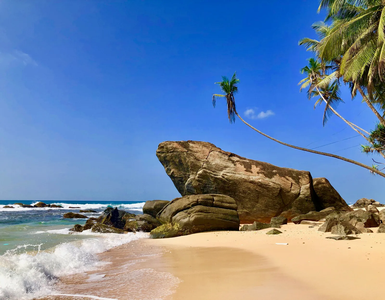 Tropischer Strand mit großem Granitfelsen, Palmen und türkisblauem Meer unter klarem Himmel