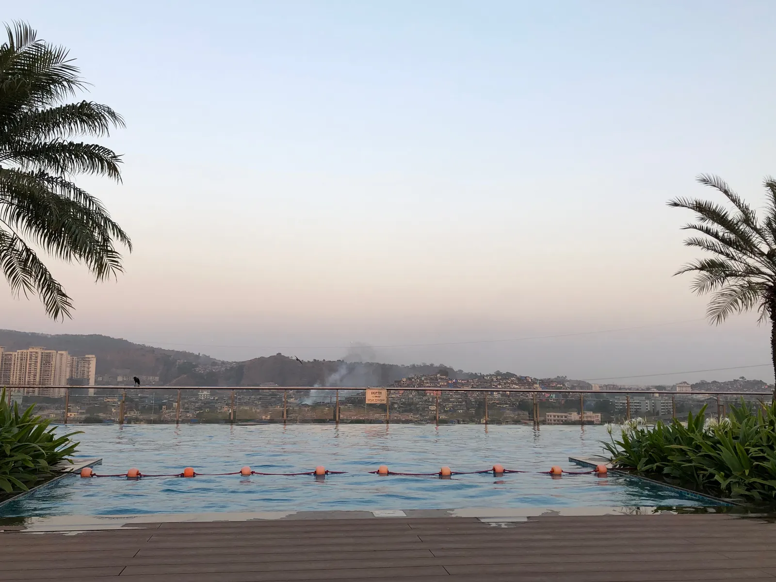 Infinity-Pool mit orangefarbenen Bojen vor Flusslandschaft und Hochhäusern in diesiger Morgenstimmung, Palmen im Vordergrund