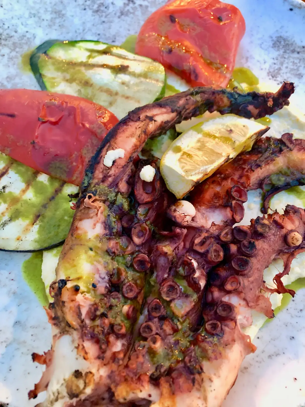 Gegrillter Oktopus mit Zucchini und Paprika auf weißem Teller, mediterrane Küche