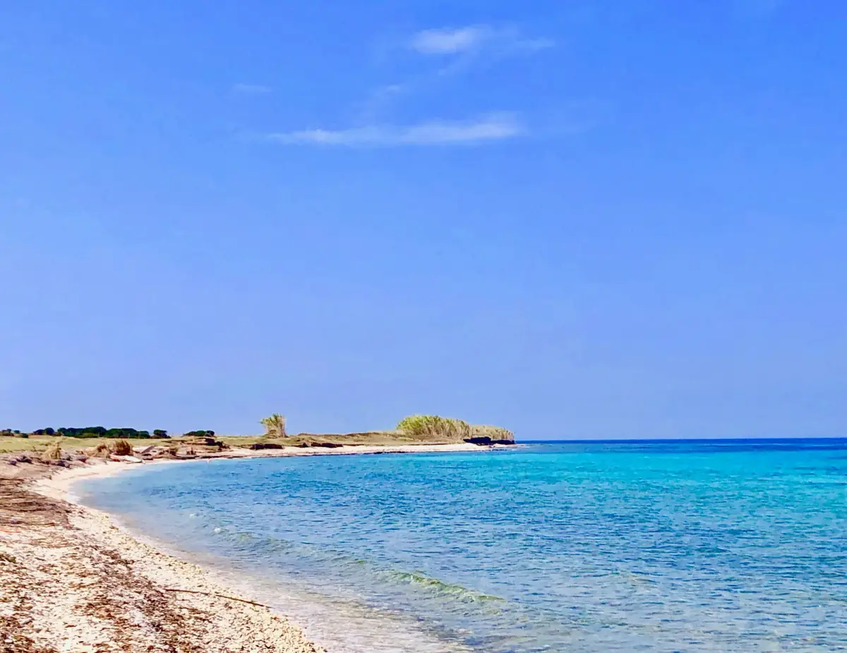 Türkisblaue Bucht mit feinsandiger Küste, klarem Wasser und spärlicher Vegetation unter blauem Himmel