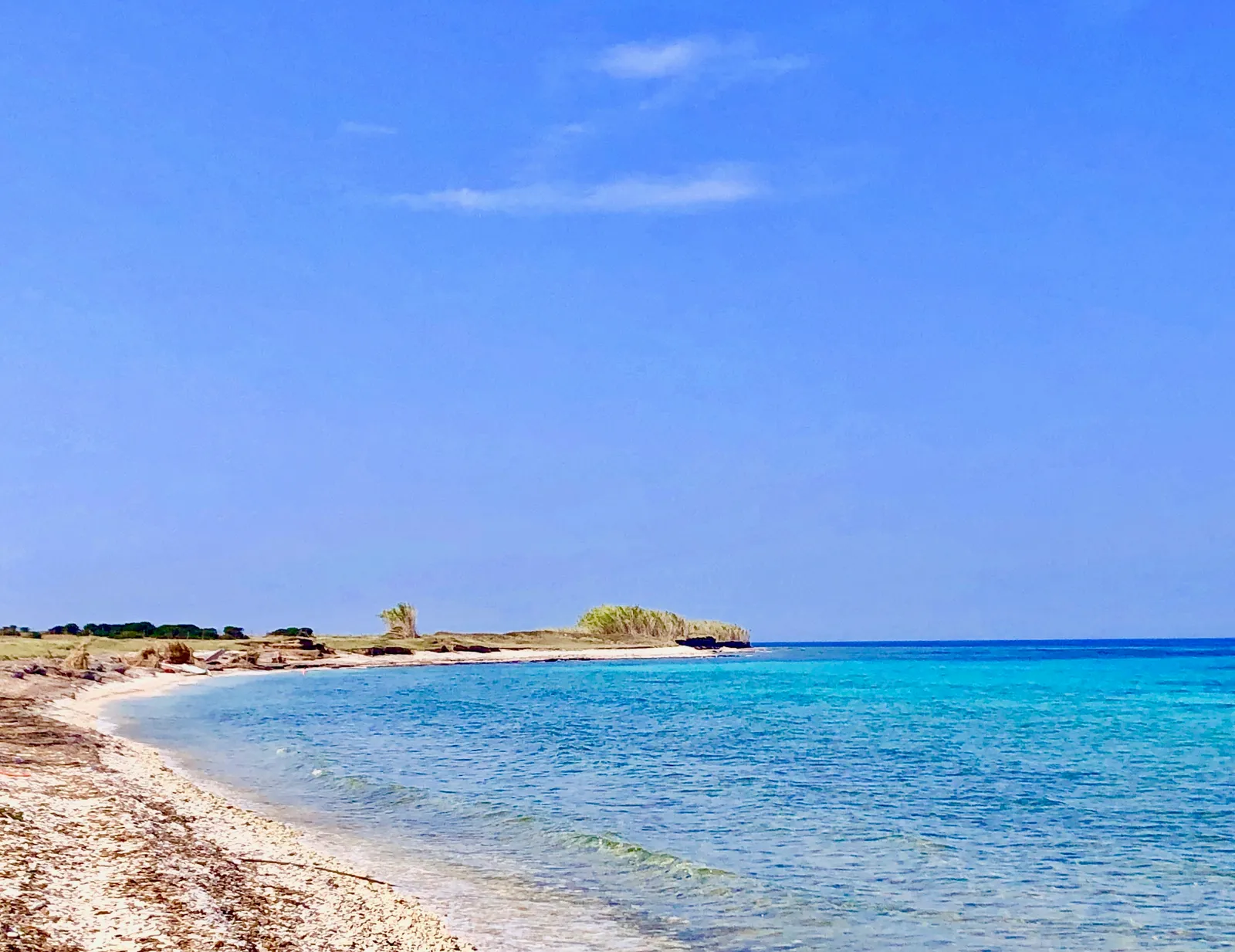 Türkisblaue Bucht mit feinsandiger Küste, klarem Wasser und spärlicher Vegetation unter blauem Himmel