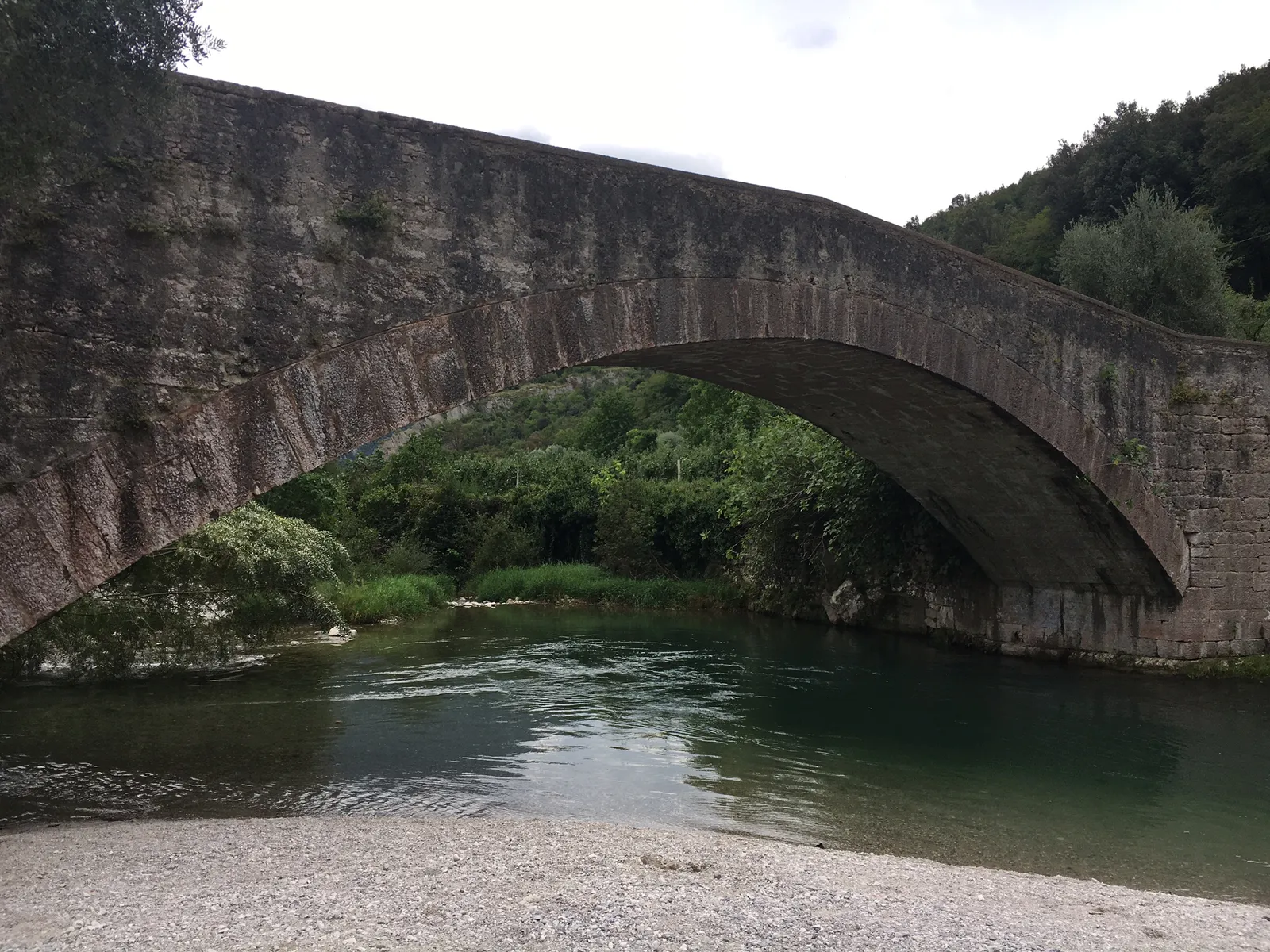 Romanische Steinbogenbrücke über grünes Flusswasser, umgeben von dichtem Grün und bewaldeten Ufern