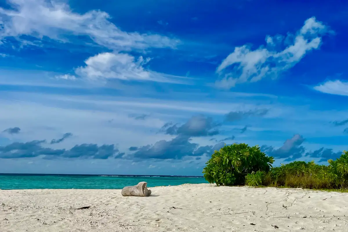 Menschenleere Sandbank mit Stein, üppige grüne Vegetation und türkisfarbenes Meer unter blauem Himmel mit Cumulus-Wolken