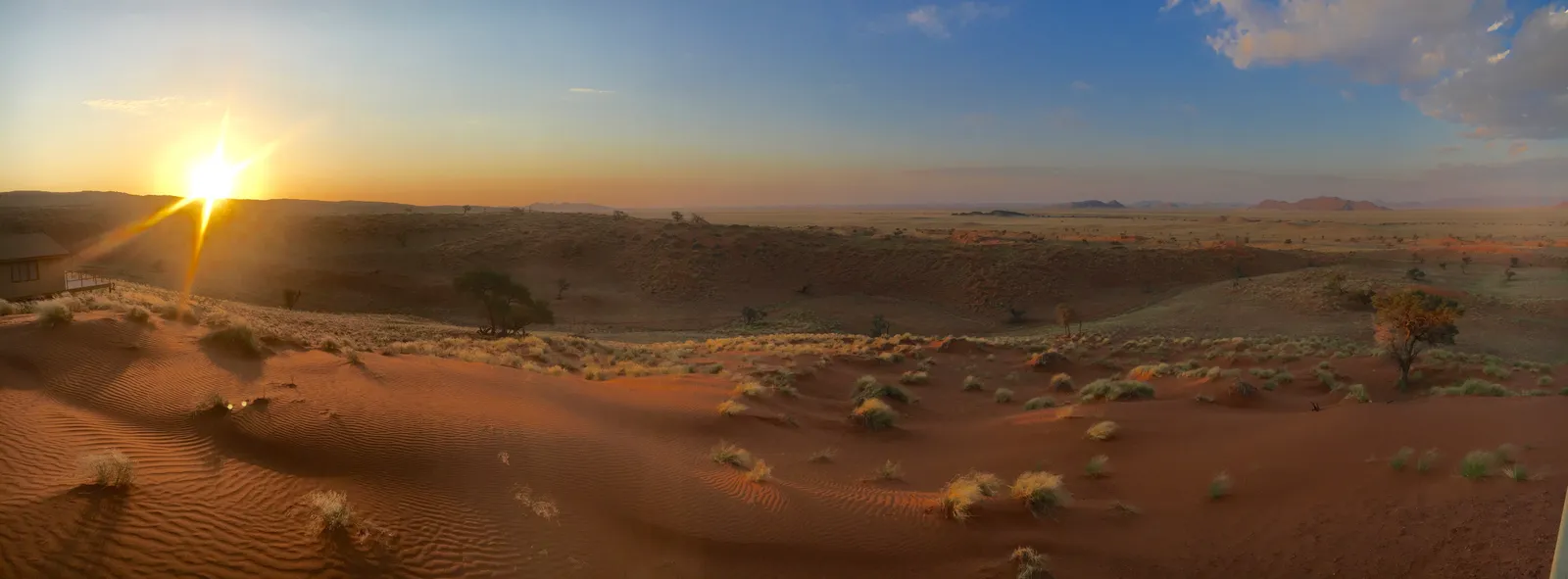 Wüstenlandschaft bei Sonnenaufgang mit Sanddünen, Buschwerk und fernem Tafelberg am Horizont