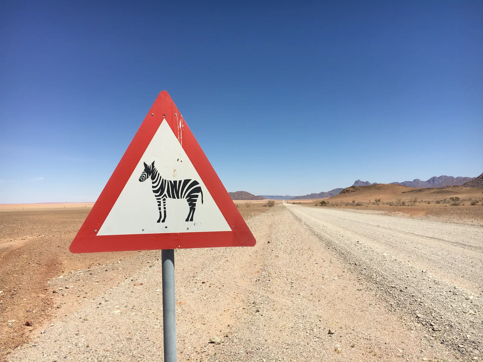 Warnschild mit Zebra-Symbol an unbefestigter Straße in namibischer Wüstenlandschaft mit Horizont und Bergen