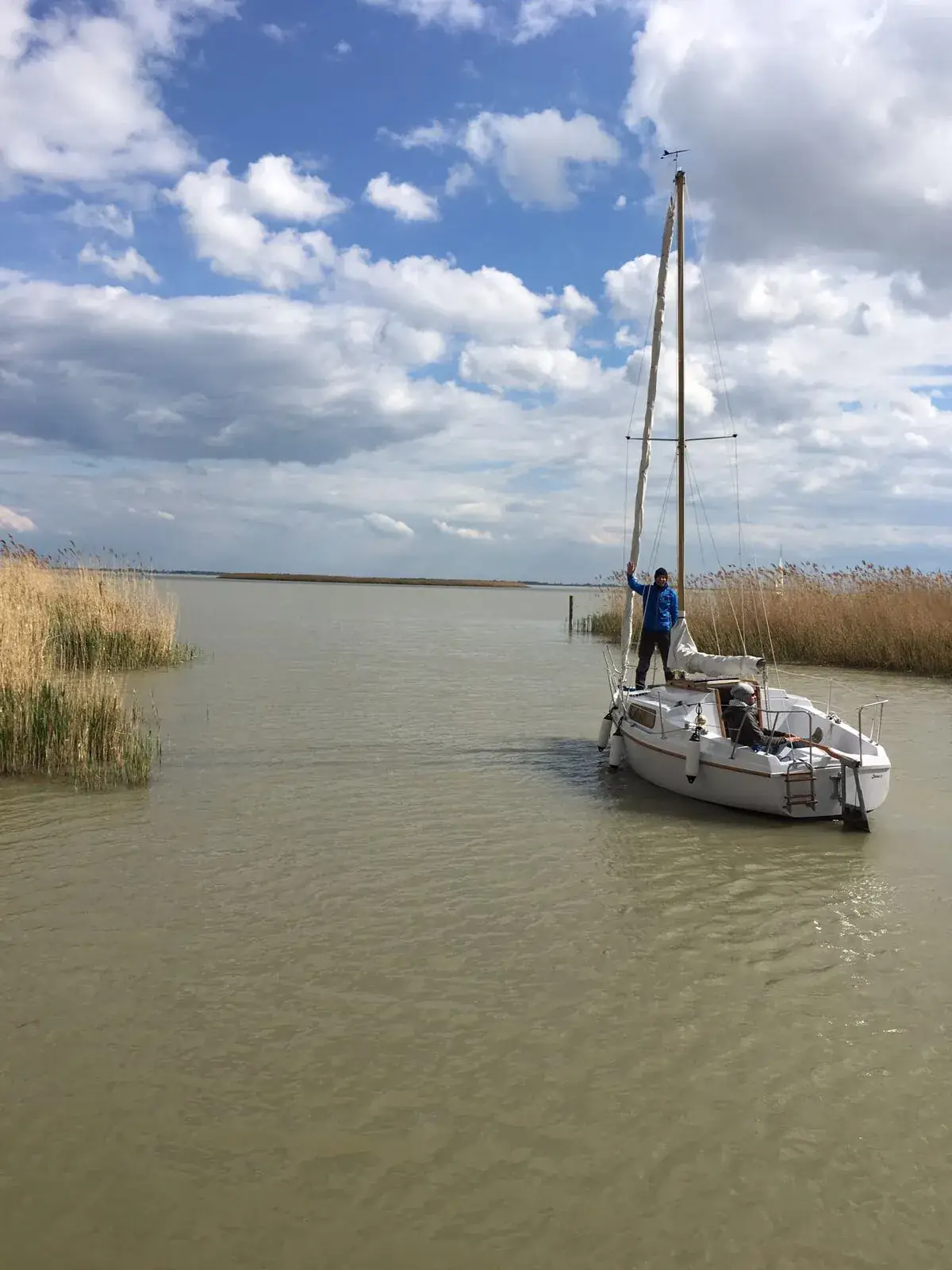 Segelboot auf flachem Wasser zwischen Schilfgürtel, Person in blauer Jacke an Bord