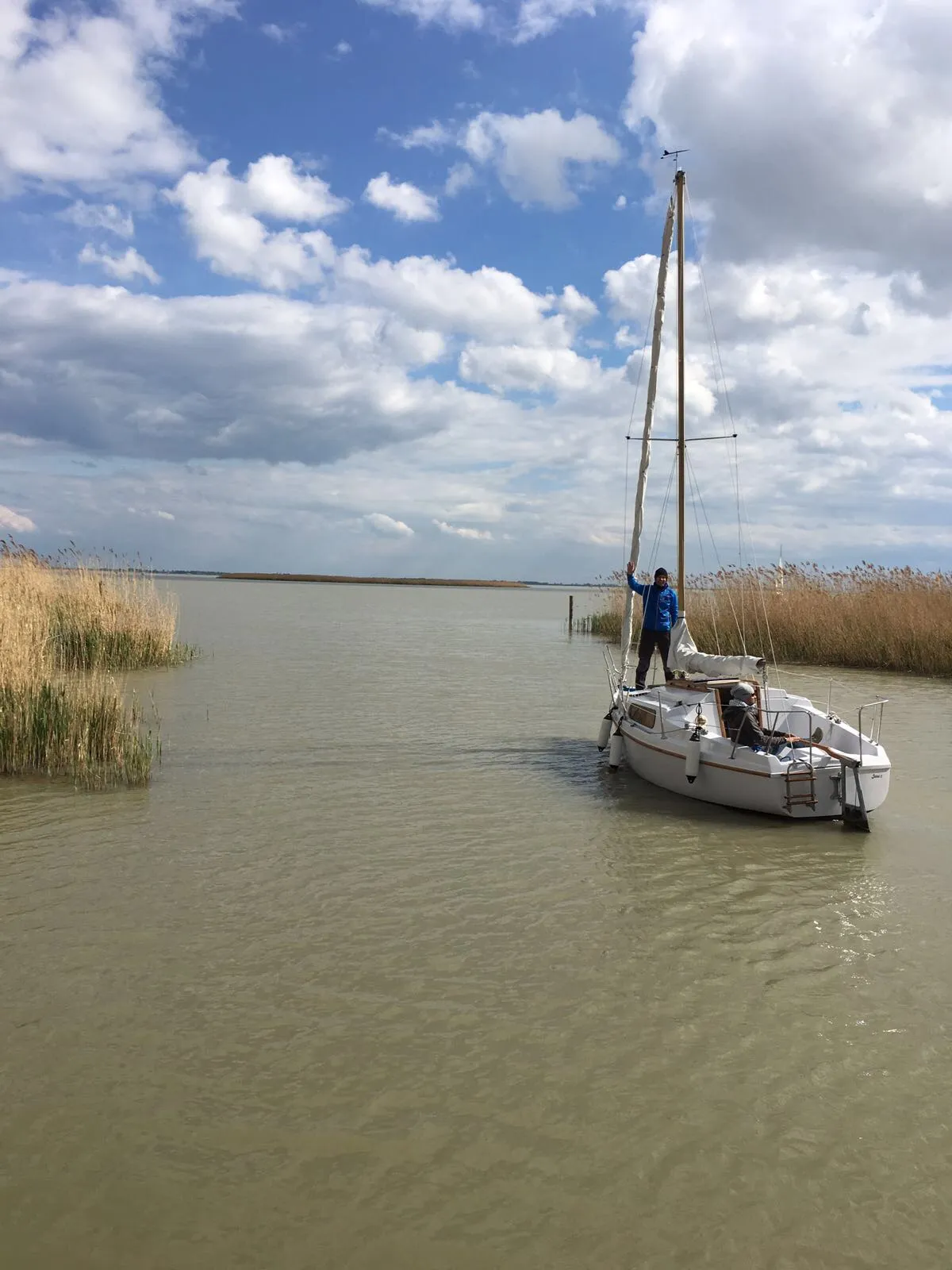 Segelboot auf flachem Wasser zwischen Schilfgürtel, Person in blauer Jacke an Bord