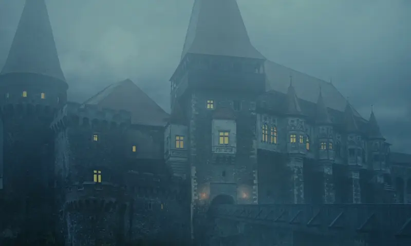 Nebelumhülltes gotisches Schloss mit beleuchteten Fenstern in düsterer Atmosphäre bei Dämmerung