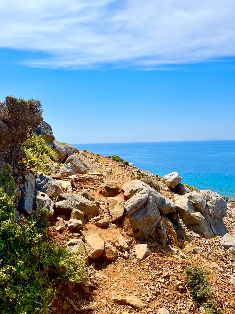 Felsenreiche Küstenwanderung mit Blick auf türkisblaues Mittelmeer und mediterraner Vegetation unter wolkenlosem Himmel
